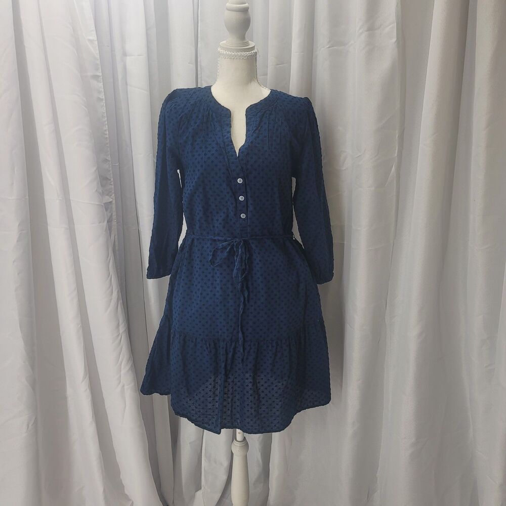 Loft Navy Blue Swiss Dot Tiered Shirt Dress Size S 100% Cotton Bohemian Preppy